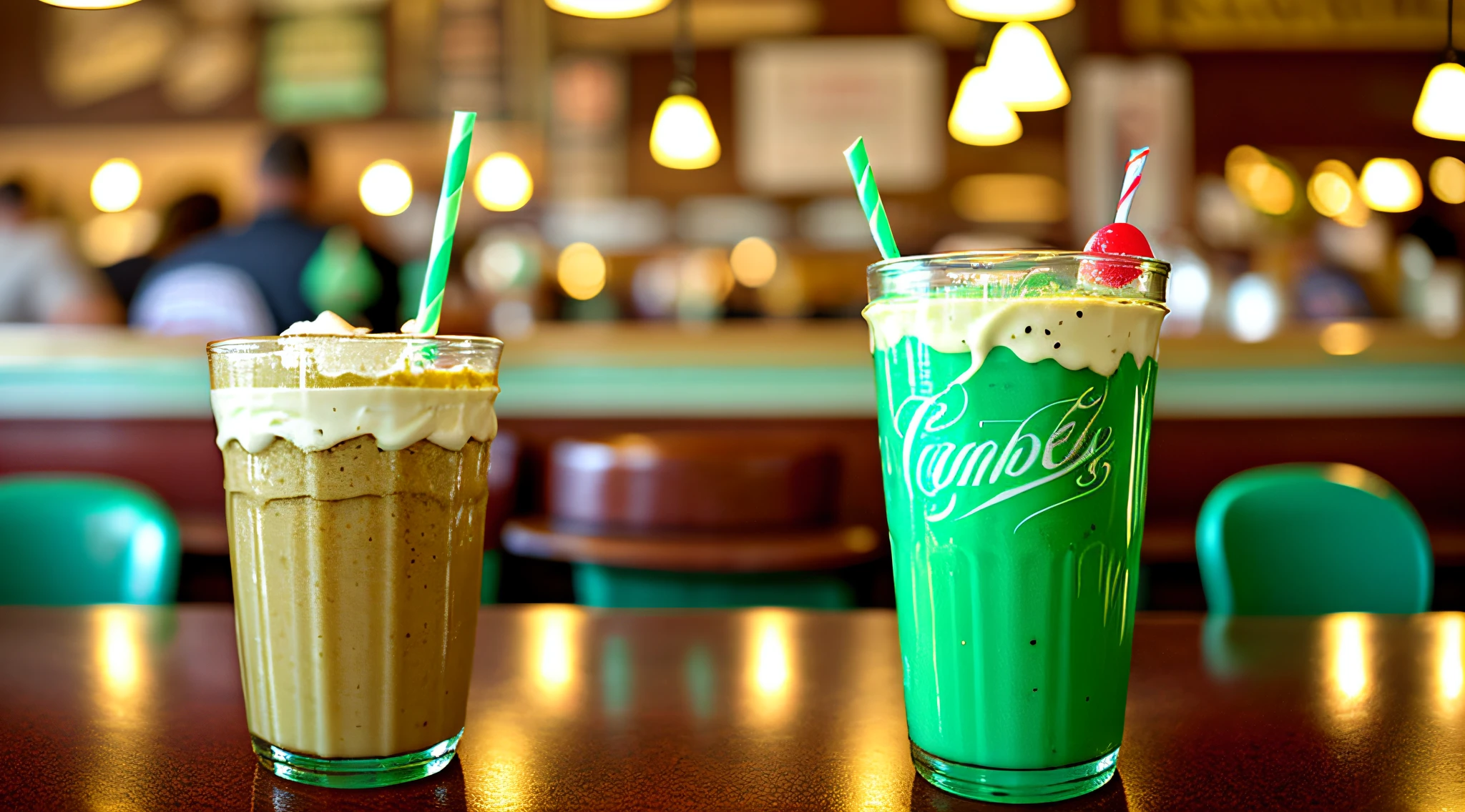 Close-up of the perspective (Photo:1.2) Vintage chocolate mint slice shake, syrup, (Busy and cozy vintage restaurant interior, people in backgrounds), Paper coasters. "Ahaha tastes like toothpaste" Go eat a mentos you idiot,This one is for all the mint enjoyers to put it here bro