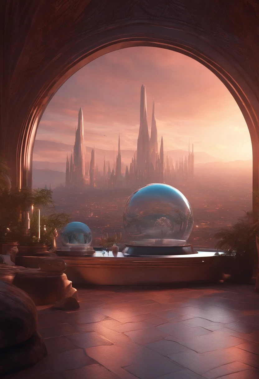 Best quality, Masterpiece, Photorealistic, (High resolution CGI artwork 8k), Create a futuristic alien interior in stunning vampire rich style, The color scheme is white ethereal, Reflective opal, Rose style, marbled, the bats, minerais preciosos, metals, Gemstones, crystals, Gorgeous and magnificent historical windows, A high resolution, 3D rendered digital art masterpiece, The perfect blend of fantasy and reality, Dreamy shimmer, The cityscape is a mysterious fantasy alien world, Inspired by Beeple