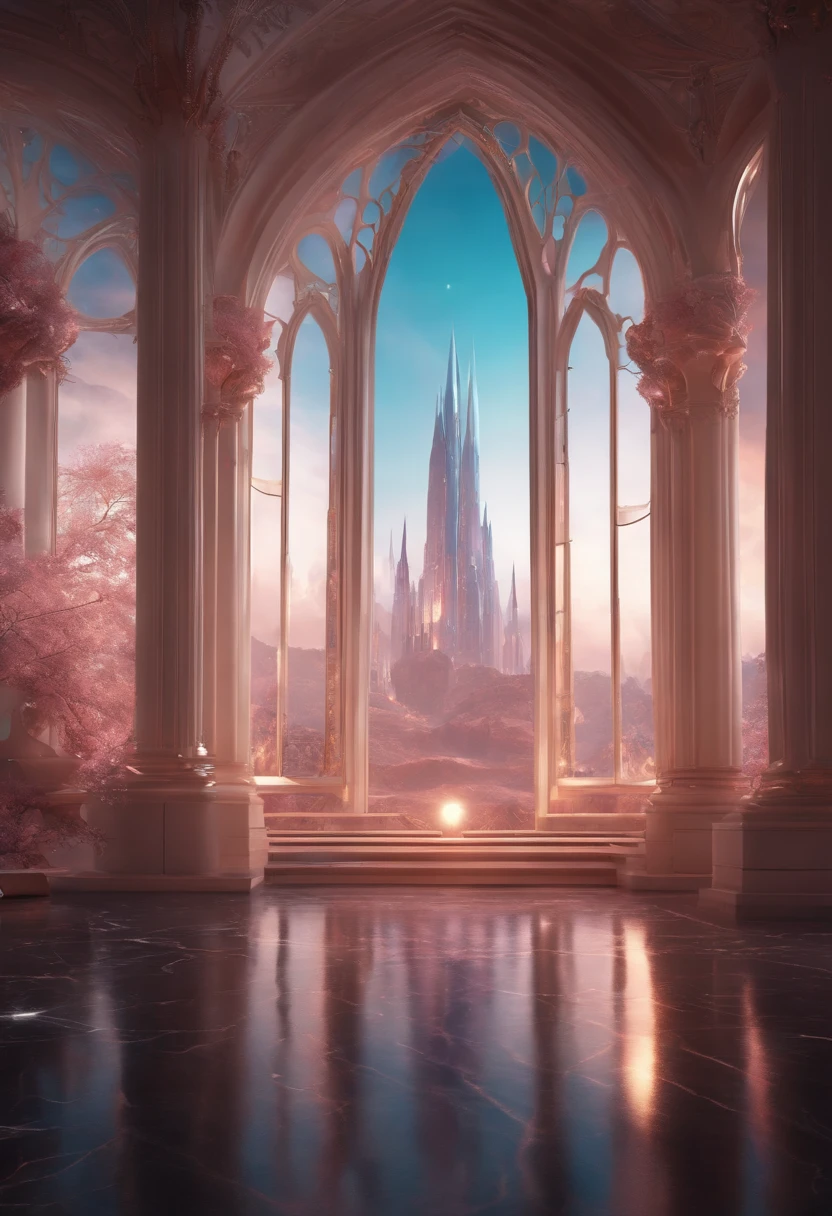 Best quality, Masterpiece, Photorealistic, (High resolution CGI artwork 8k), Create a futuristic alien interior in stunning vampire rich style, The color scheme is white ethereal, Reflective opal,  Rose style, marbled, the bats, minerais preciosos, metals, Gemstones, crystals, Gorgeous and magnificent historical windows, A high resolution, 3D rendered digital art masterpiece, The perfect blend of fantasy and reality, Dreamy shimmer, The cityscape is a mysterious fantasy alien world, Inspired by Beeple