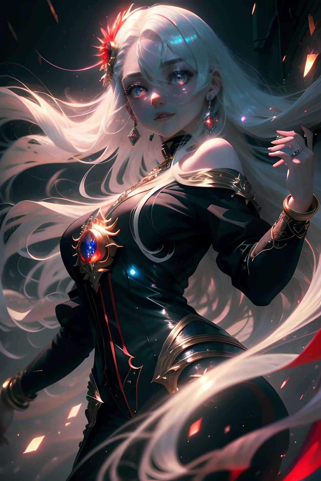 (simple hands:0.5)+(detailed hands:0.7), (masterwork), (best quality), white hair, dragon eyes,1girl, potrait,pale skin, white hair, red eyes, two tone hair, eyelashes, bracelet, jewelry, smile, gleaming skin, shiny hair, detailed and majestic stage, Fantasy, Long Hair, 1 girl, two-tone hair, night sky, Incredibly detailed CG illustration masterpiece, looking at you, anime, beautiful anime eyes, beautiful detailed eyes, eyes, glittering eyes, red eyes, galaxy, nebula, (full body), (curvy),