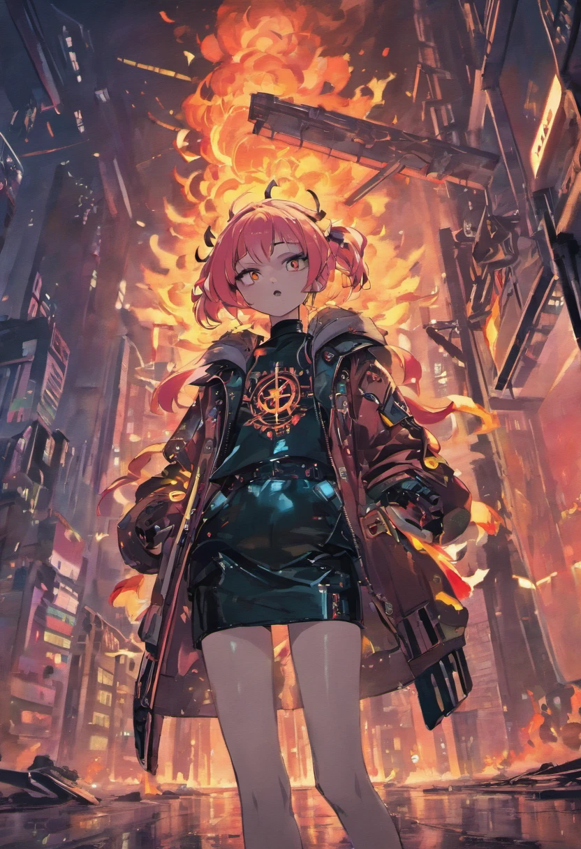 masterpiece,(bestquality),highlydetailed,ultra-detailed, neonpunk, (cyberpunk:0.7), (glowing tattoos), (purple hair), (holographic accessories), (metallic clothing), (high-tech goggles), (bio-mechanical arm), (metropolis), (futuristic cityscape), (rainy night with neon lights), (street graffiti), (exotic pets), (headphones), (hoverboard), (chrome-plated boots), (energy beams), (digital interface), (smoke effects), (leather jacket), (black lipstick), (piercings), (fierce expression), (fire in the eyes), (retro-futuristic)