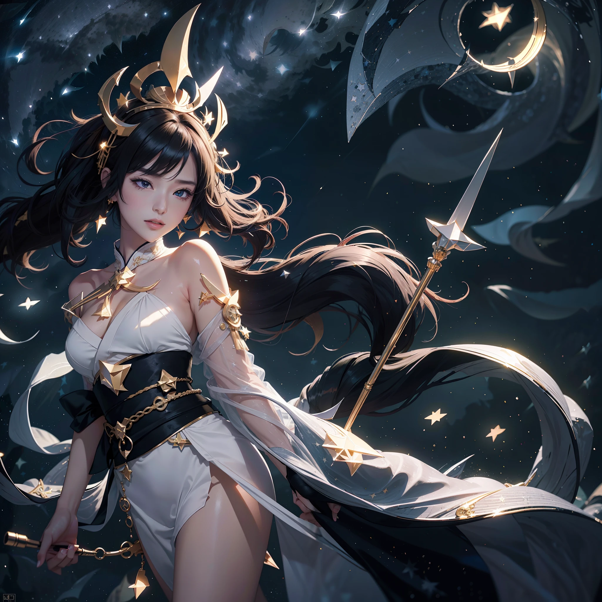 Ancient capital and moon in the background(nigh sky:1.5),(night star:2.0),watching at viewers、{{{Create top-quality 2D graphics for winter RPG views, Features bright colors of the starry sky.}}}、poneyTail、glossy dark hair、cute  face、Teenage Japan、{{{Luxury kimono(Black kimono(Detailed golden embroidery,))}}}、face perfect,Depict a beautiful and graceful woman of Japan。Heart in the eye。full body Esbian。 Beautiful anime art wallpaper 8k, beautiful fantasy anime, Beautiful anime, Detailed anime artwork.Blur the background with a sickle,((masutepiece)), ((Best Quality))