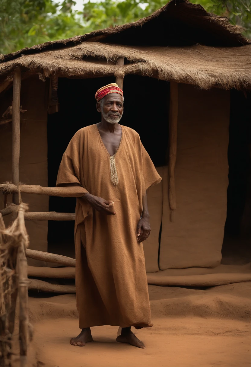 Wise old black man dressed in tripe gown, , homem bonito, telling a story in a poor village mud house on mat,