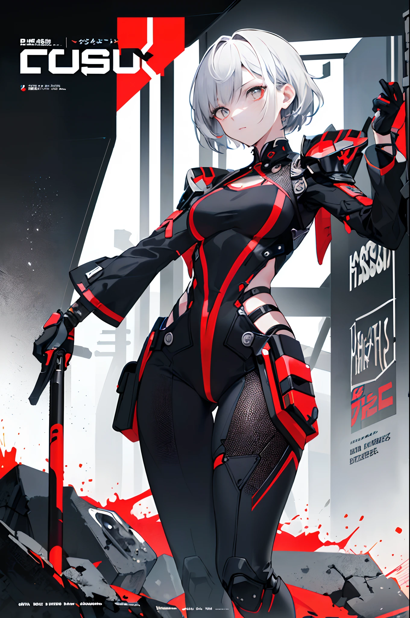 (Masterpiece, top quality), (detailed hair), super detailed, anime style, full body, solo, Cyberpunk ninja girl, medium short White hair, green eyes, wearing cyber kimono, feminine figure, holding chain kunai, chain wrapped rugged gauntlets, high heeled boots, standing wasteland, white background, whole body, chains around, chains everywhere 
