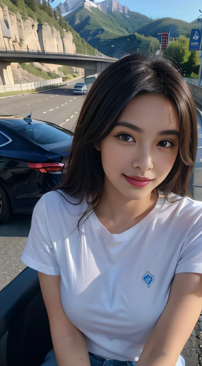 1attractive girl sitting in the middle of the highway, (( sitting in the middle of the highway road)),((Route Mountain Valley)),((le soir)),(Heure du coucher du soleil),Mountain Valley Highway Context, ,(grosse poitrine),((gros seins)), (clivage), (( portant un t-shirt ample et mince et court)),(Jeu de personnages),looking to camera, (Souriant),( longs cheveux noirs),(Doigts parfaits),(yeux bleus parfaits),collection of masterpieces,Seductive random pose,(Close-up view of the camera),High resolution, highly detailed,