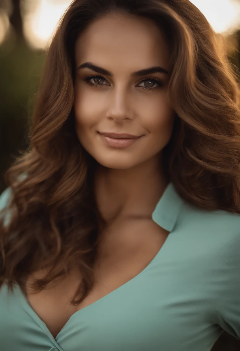 Uma mulher de 30 anos, com cabelos castanhos com mechas claras cumpridos, Rosto redondo, com sorriso encantador, thin lips and light brown eyes, pinta do lado direito da boca, TV presenter looking at the camera