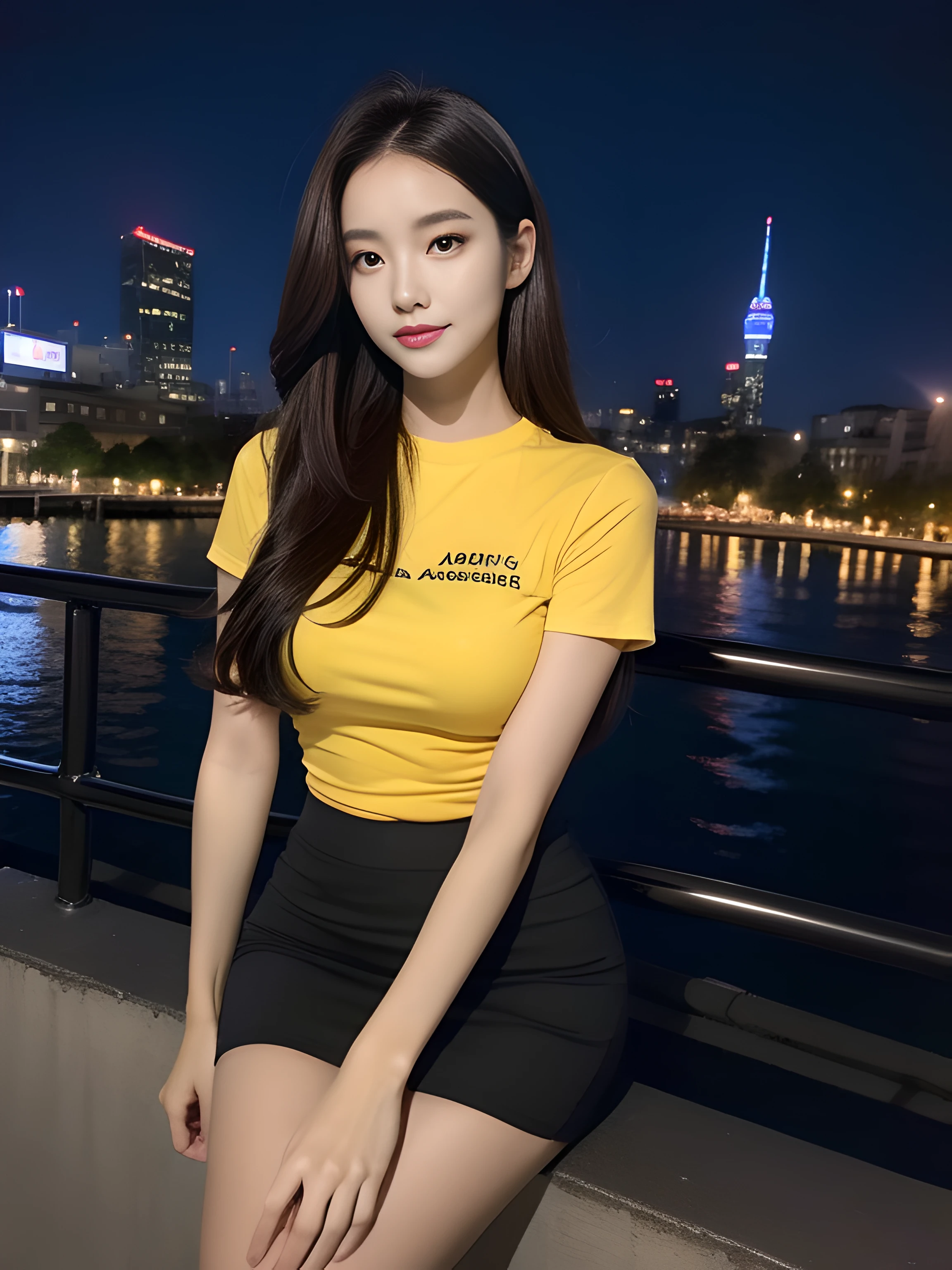 （（midynight， Acura， 8K， tmasterpiece： 1.3））， full bodyesbian， long leges， Focalors： 1.2， perfect figure beautiful woman： 1.4， Slim abs： 1.1， （dark brown  hair，： 1.2 ））， （Goose yellow skinny T-shirt，short  skirt，sitting on a stool： 1.2）， （city night scene， the roof： 1.3））， Highly Detailed Face and Skin Textur， detailedeyes， 二重まぶた，