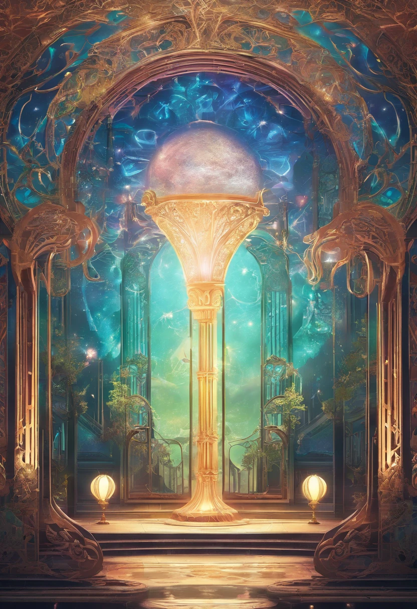 Virtual Scene Design, The Luminous Universe,fantasy worlds,Mysterious moon on top, galvanized fiberglass with rainbow gradation, Surreal visual representation, majestic architecture, Unique, Convoluted, exquisitedetails,(blender, OC rendering, Natural light, Ray tracing, 8K)