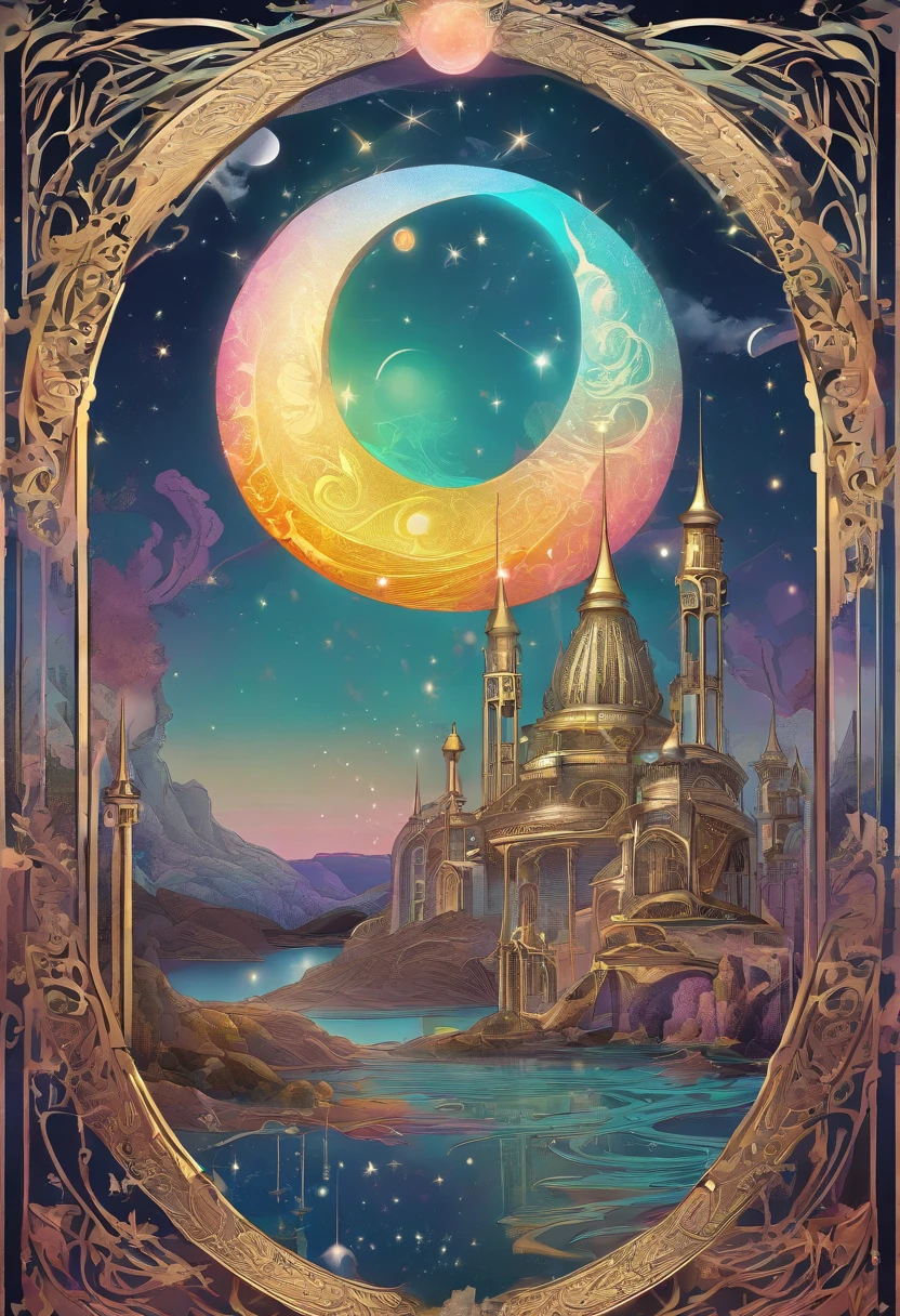 Virtual Scene Design, The Luminous Universe,fantasy worlds,Mysterious moon on top, galvanized fiberglass with rainbow gradation, Surreal visual representation, majestic architecture, Unique, Convoluted, exquisitedetails,(blender, OC rendering, Natural light, Ray tracing, 8K)
