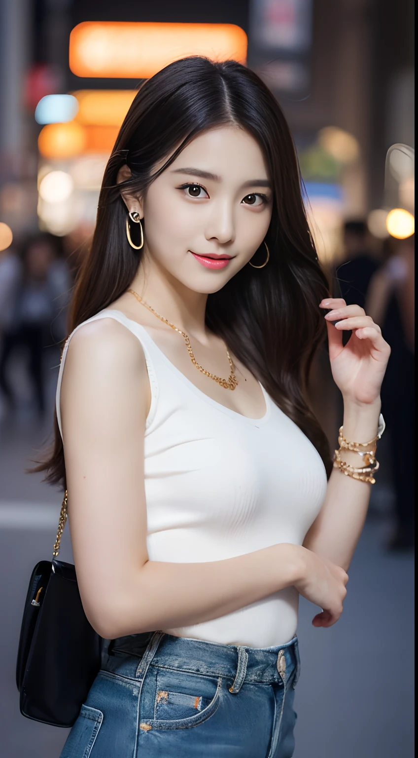 (((32K,very high res, high detailing, highly accurate, masutepiece、girl1))),Raw photo & realistic atmosphere,beautiful dark blue eyes,Detailed mouth,Glossy lips,Detailed eyebrows,Eyes drawn in detail with soft white skin that shines in every detail、Very beautiful eyes with azure eyes,Detailed lips、Very beautiful face,Very well-formed face、Lifelike face,shiny beautiful lips,Beautiful eyebrows,Infinite reality,Best design,（Insanely cute Japan -yeld hischool girl,Toned body,thighs thighs thighs thighs,Slender legs,Beautifully shaped breasts,Very cute beautiful girl,Little Gi）,Best Natural Makeup,Japanese ido,Korean Idols,Young sensual idol,Moist eyes,Dark beautiful eyes,Beautiful butt,beauty legs,,camel's foot,：1.2),超A high resolution、The face of a masterpiece with high detail,Natural and realistic face,Back lighting,Pure eyes are too cute,(((photorealisim,Photograph the whole body))),,Reality Live Action,（Earrings that look fashionable,,a necklace,A bracelet,gyuru,Glossy nail art,Street fashion,Oversized tops,Denim pants,White sneakers,Colorful Hair Color：1.4）,Shibuya's night entertainment district,A smile,Happy