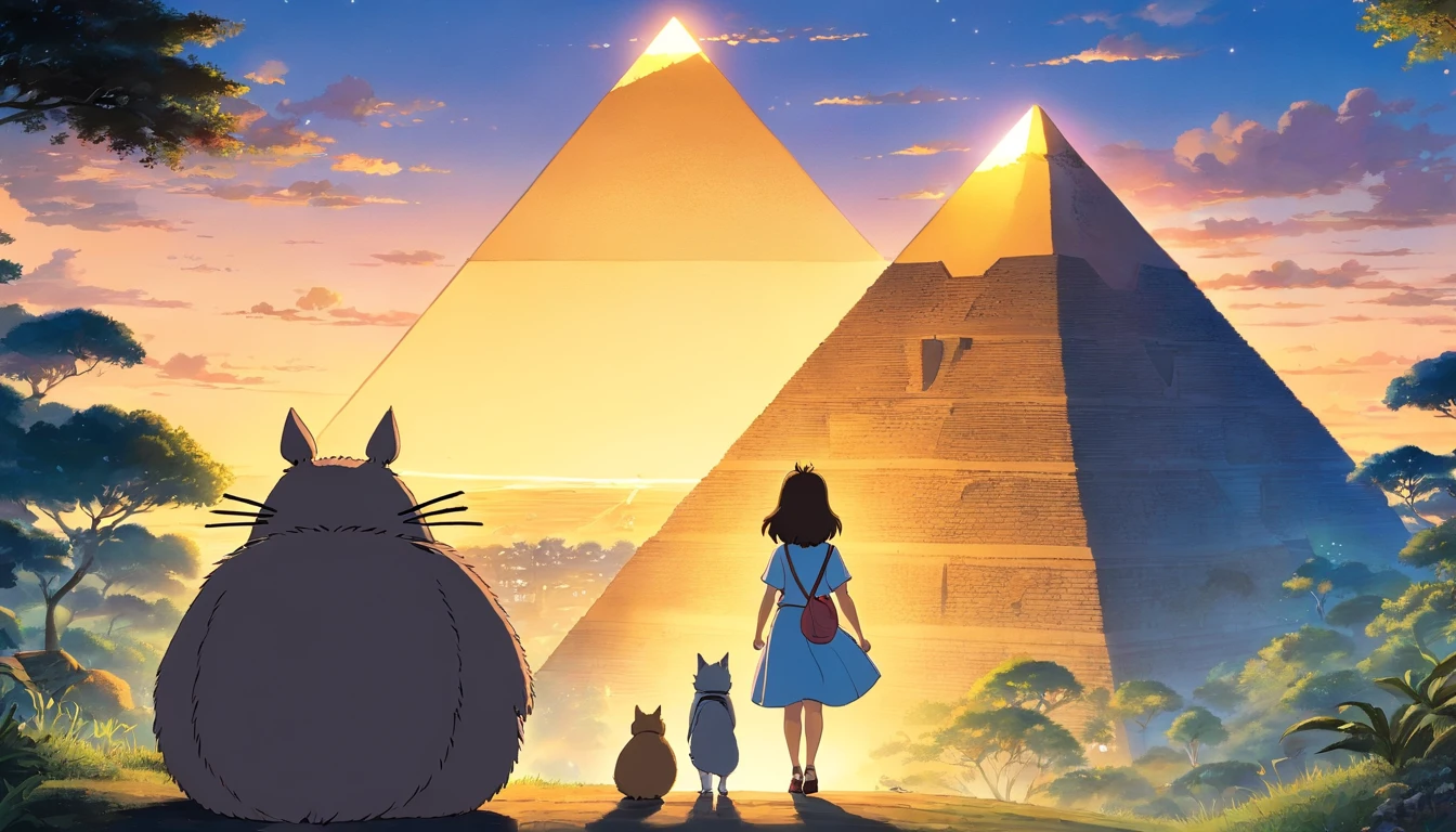 Ghibli style,Egypt,((The background is a distant view of the pyramid)),((Totoro with beautiful girl and cute big cat)),evening glow