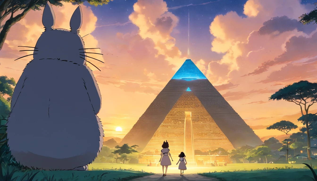 Ghibli style,Egypt,((The background is a distant view of the pyramid)),((Totoro with beautiful girl and cute big cat)),evening glow
