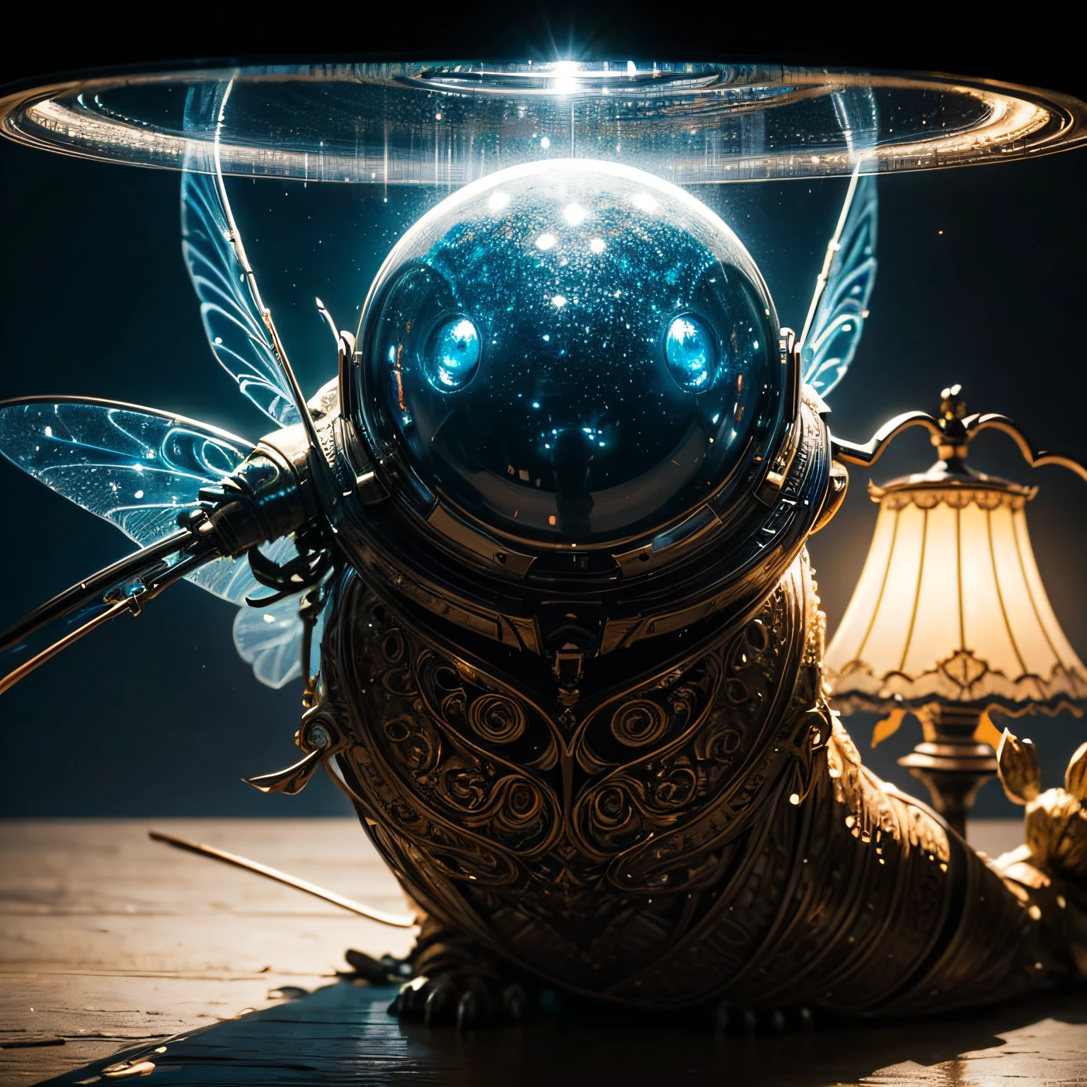 A close-up photograph capturing the intricate details of an Alien Fly Car Lamp's luminous body, showcasing its translucent wings, delicate antennae, and the mesmerizing patterns of bioluminescent markings that adorn it. The soft, diffused light creates an enchanting and mysterious ambiance.