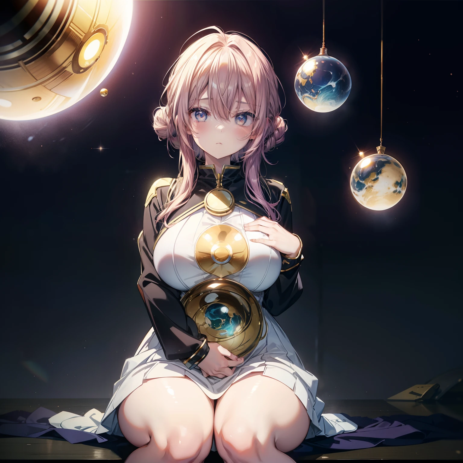 ((1girll)), anime big breast, kurzes dunkles Haar, Shiny spectacle lenses, Mouth closed，face expressionless, Sitting, Her hands held a glowing sphere，While two other glowing spheres swirled around her.