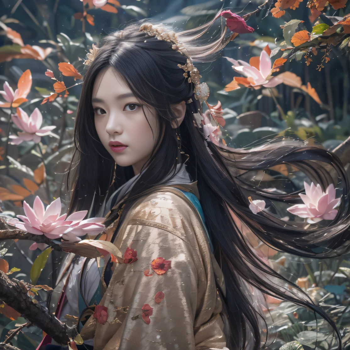 32K（tmasterpiece，k hd，hyper HD，32K）Long flowing black hair，ponds，zydink， a color， Aozhou people （Concubine girl）， （Silk scarf）， Combat posture， looking at the ground， long whitr hair， Floating hair， Carp pattern headdress， Chinese long-sleeved clothing， （abstract ink splash：1.2）， Pink petal background，Pink and white lotus flowers fly（realisticlying：1.4），Black color hair，Fallen leaves flutter，The background is pure， A high resolution， the detail， RAW photogr， Sharp Re， Nikon D850 Film Stock Photo by Jefferies Lee 4 Kodak Portra 400 Camera F1.6 shots, Rich colors, ultra-realistic vivid textures, Dramatic lighting, Unreal Engine Art Station Trend, cinestir 800，Long flowing black hair，Denim skirt