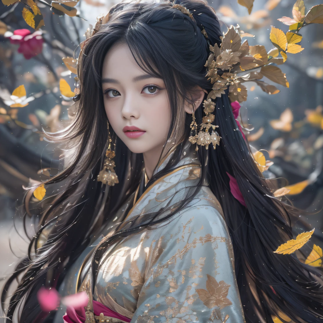32K（tmasterpiece，k hd，hyper HD，32K）Long flowing black hair，ponds，zydink， a color， Aozhou people （Concubine girl）， （Silk scarf）， Combat posture， looking at the ground， long whitr hair， Floating hair， Carp pattern headdress， Chinese long-sleeved clothing， （abstract ink splash：1.2）， Pink petal background，Pink and white lotus flowers fly（realisticlying：1.4），Black color hair，Fallen leaves flutter，The background is pure， A high resolution， the detail， RAW photogr， Sharp Re， Nikon D850 Film Stock Photo by Jefferies Lee 4 Kodak Portra 400 Camera F1.6 shots, Rich colors, ultra-realistic vivid textures, Dramatic lighting, Unreal Engine Art Station Trend, cinestir 800，Long flowing black hair，Denim skirt