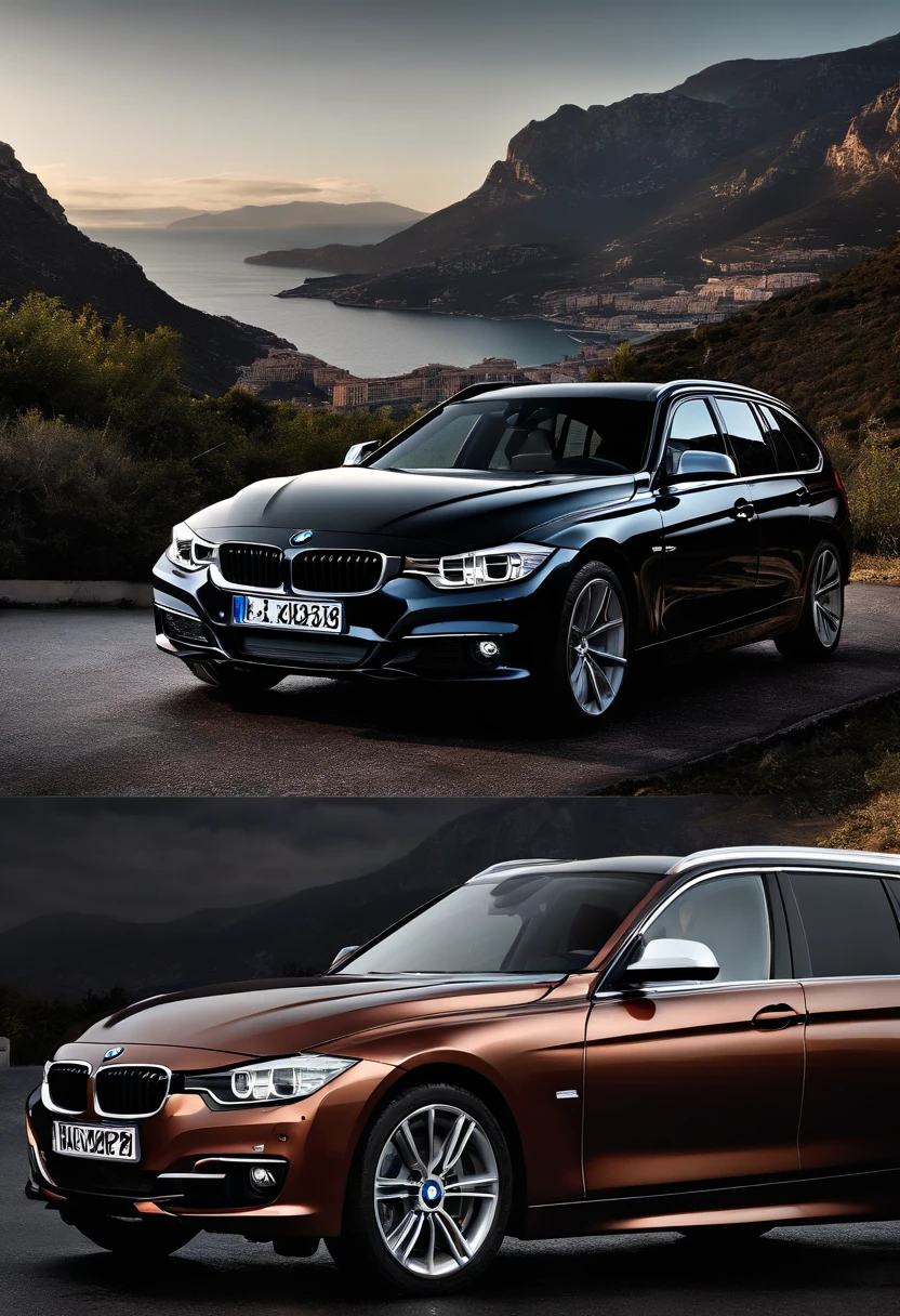 (Best quality, 8k, Master part :1.2), hyper realistic, ville de Monaco, sur une montagne, a detailed black bmw 340i touring f31,