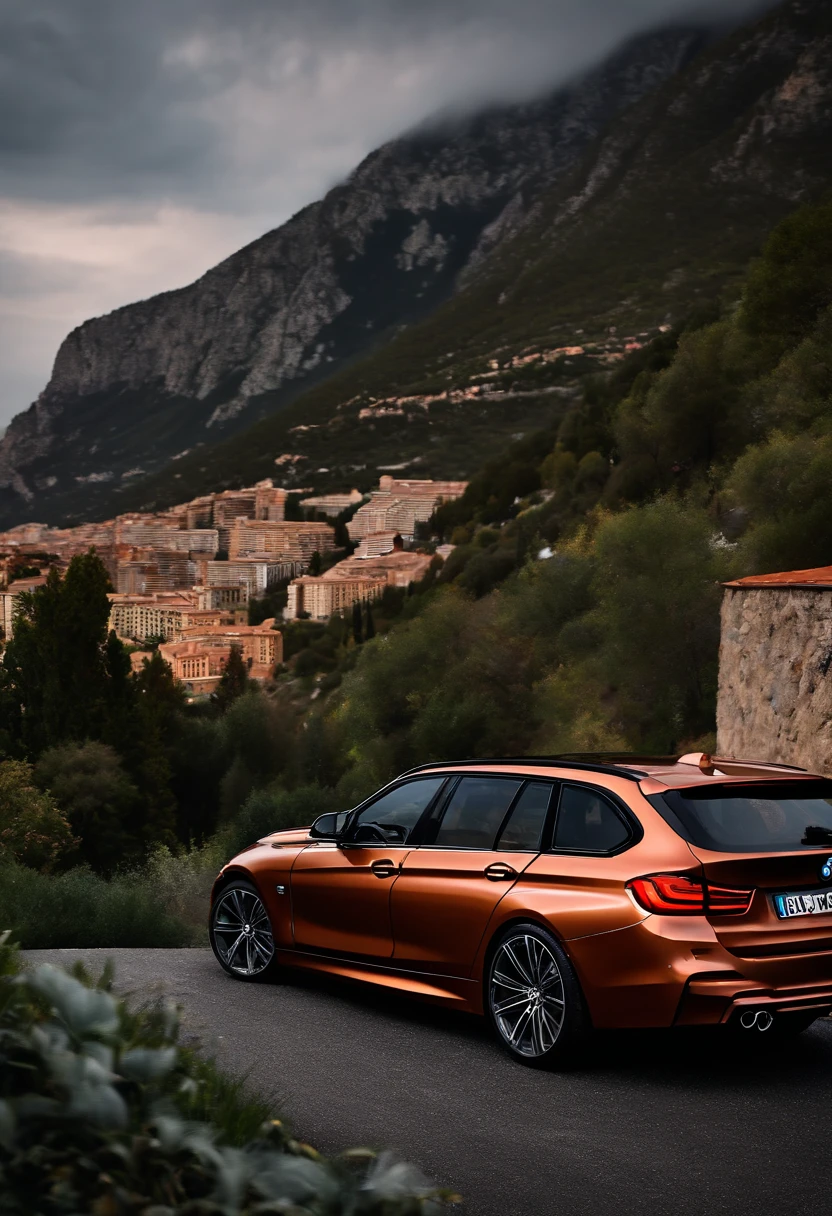 (Best quality, 8k, Master part :1.2), hyper realistic, ville de Monaco, sur une montagne, a detailed black bmw 340i touring f31,