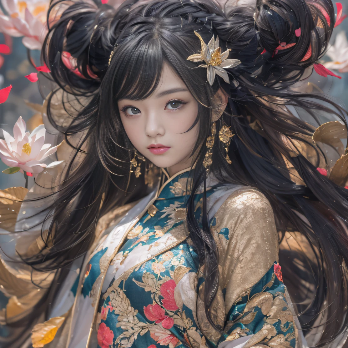 32K(tmasterpiece,k hd,hyper HD,32K)Long flowing black hair,ponds,zydink, a color, Aozhou people (Concubine girl), (Silk scarf), Combat posture, looking at the ground, long whitr hair, Floating hair, Carp pattern headdress, Chinese long-sleeved clothing, (abstract ink splash:1.2), Pink petal background,Pink and white lotus flowers fly(realisticlying:1.4),Black color hair,Fallen leaves flutter,The background is pure, A high resolution, the detail, RAW photogr, Sharp Re, Nikon D850 Film Stock Photo by Jefferies Lee 4 Kodak Portra 400 Camera F1.6 shots, Rich colors, ultra-realistic vivid textures, Dramatic lighting, Unreal Engine Art Station Trend, cinestir 800,Long flowing black hair,Denim skirt