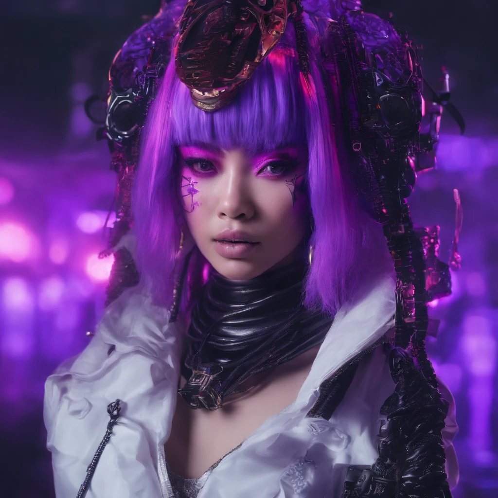 Asian Woman 32K（tmasterpiece，k hd，hyper HD，32K）Short flowing bright purple hair，Snow in winter，zydink， a color， Ancient Ascension （Female devil）， （Blood-colored scarf）， Combat posture， looking at the ground， short detailed hair， Floating bright purple， Flame pattern gold， （Abstract snowflakes flying：1.2）， white backgrounid，Lotus protector（realisticlying：1.4），Bright purple hair，Smoke on the road，The background is pure， A high resolution， the detail， RAW photogr， Sharp Re， Nikon D850 Film Stock Photo by Jefferies Lee 4 Kodak Portra 400 Camera F1.6 shots, Rich colors, ultra-realistic vivid textures, Dramatic lighting, Unreal Engine Art Station Trend, cinestir 800，Short flowing bright purple hair