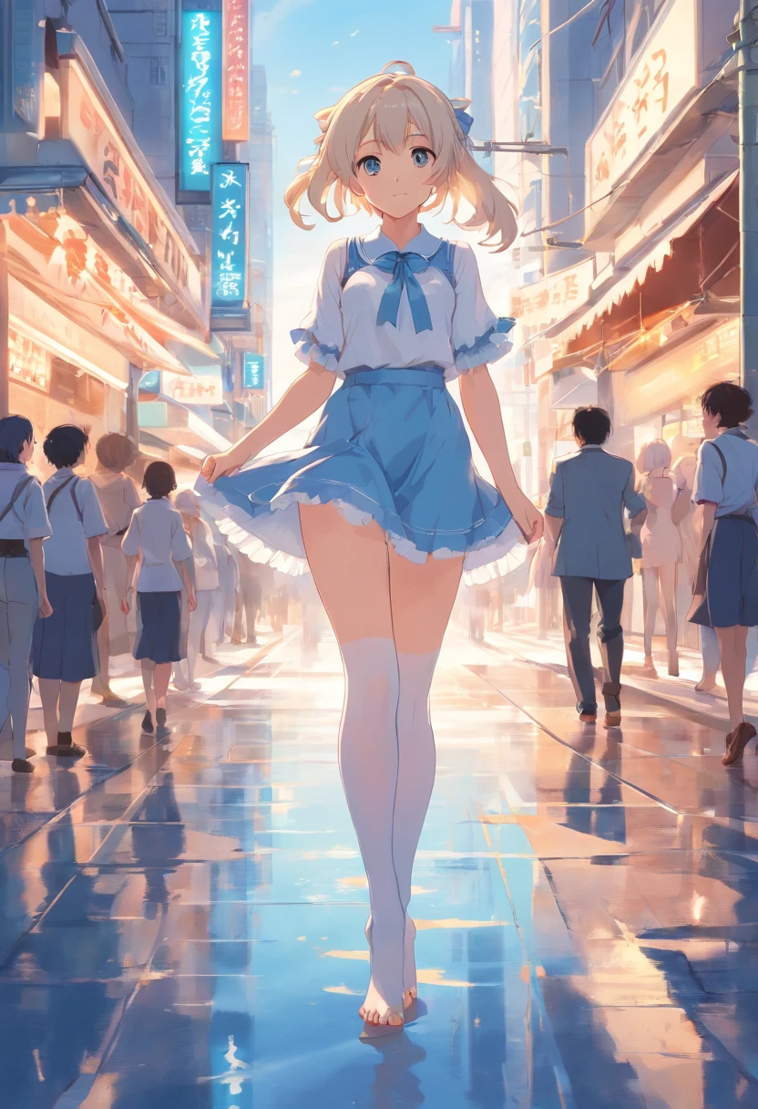No shoes，Stand barefoot，Masterpiece，long whitr hair，extremely hyper，A giantess，In the city，Full limbs，Huge maiden，The face is delicate，White color hair，Double ponytail curls，blue color eyes，White Lolita，Long-range shots，white stockings