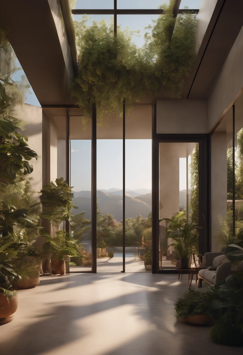 (best quality,4k,8k,highres,masterpiece:1.2),ultra-detailed,(realistic,photorealistic,photo-realistic:1.37),outside villa,simple modern,plants surrounding,big floor-to-ceiling glass windows,soft morning sunlight,warm color scheme,aerial view