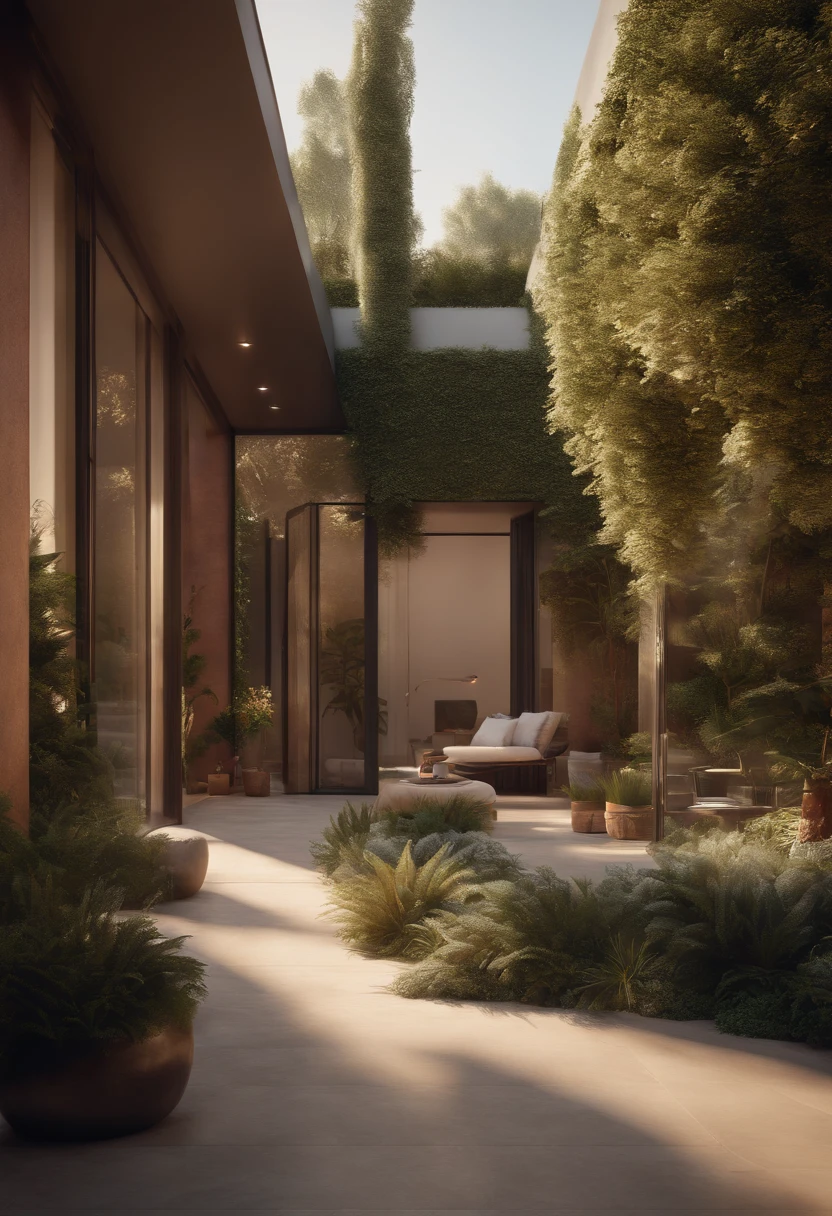 (best quality,4k,8k,highres,masterpiece:1.2),ultra-detailed,(realistic,photorealistic,photo-realistic:1.37),outside villa,simple modern,plants surrounding,big floor-to-ceiling glass windows,soft morning sunlight,warm color scheme,aerial view