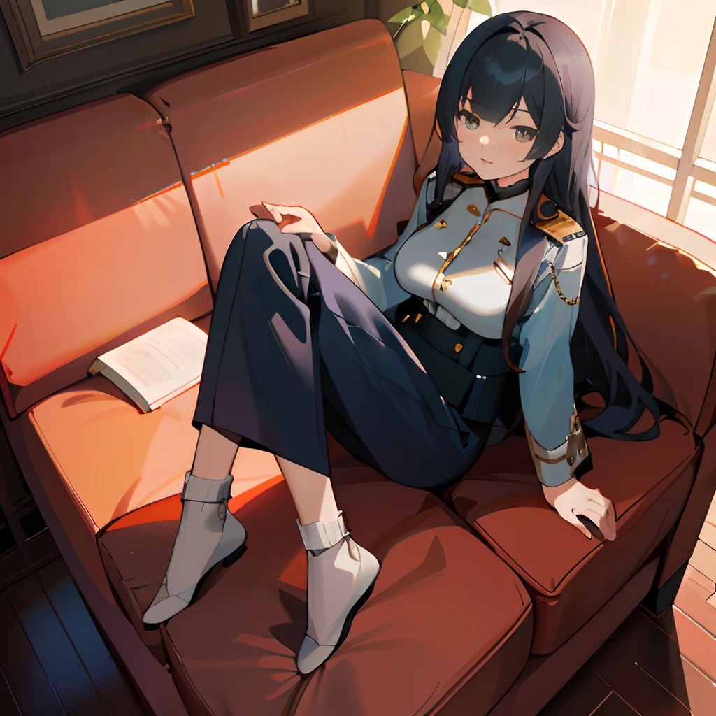 (best quality,4k,8k,highres,masterpiece:1.2),ultra-detailed,realistic:1.37,anime-style,portraits,soft colors,smooth lighting,beautifully detailed eyes and lips,sitting on a sofa in a lounge, Azur Lane fan art, KanTai Collection style, Marine Kitagawa fan art, anime moe art style, lounging on a sofa, sitting on a couch, smooth anime CG art, inspired by Azur Lane video game, Cushart Kentz, Cushart Clenz