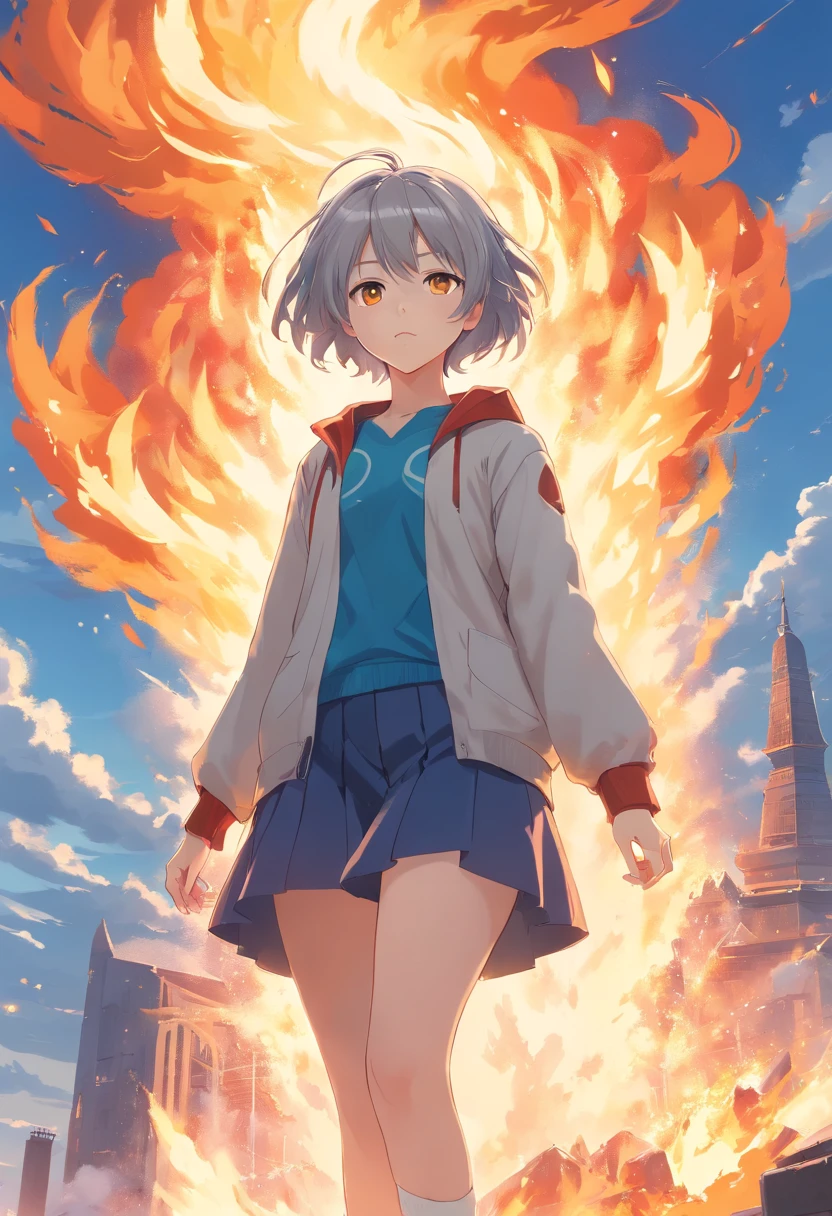 High detail, Clarity, 16k, Throne of Fire, Young person, 18 years old, Light gray hair, short detailed hair, Yellow eyes, Behind is the blue sky, Fiery footsteps，Towards the sky towards the throne ahead, Realism, fantasy,