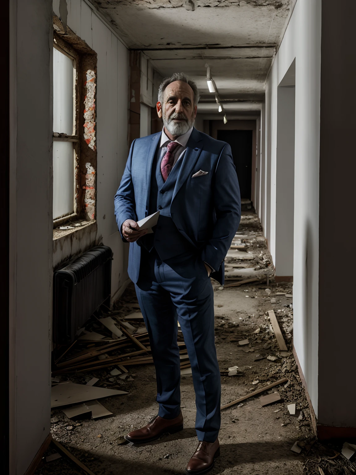 Um homem robusto, wearing a suit jacket and pants, an envelope in the hand , in an abandoned building, Dragoned (Foto RAW:1.3), foco nítido, 8k, UHD, soft-lighting, de alta qualidade, majo, profissional, hiper-realista, profundidade e com medo ,assustado