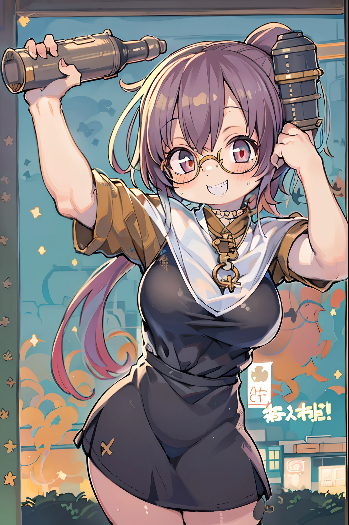 masutepiece, Best Quality, 1girl in, Sharp eyes, nun、 Smile,rocket launcher、big round glasses,