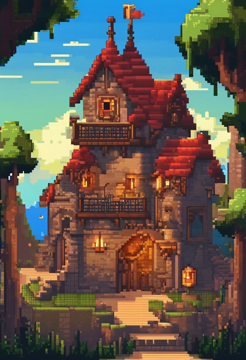 Casa Medieval cercada por Muros Pixel Art. Noite. Pixel Art 3D Papel de parede 4K. Amazing pixel art details. Pixel Art. Ondas de vapor. Pixel Art detalhado do mecanismo irreal
