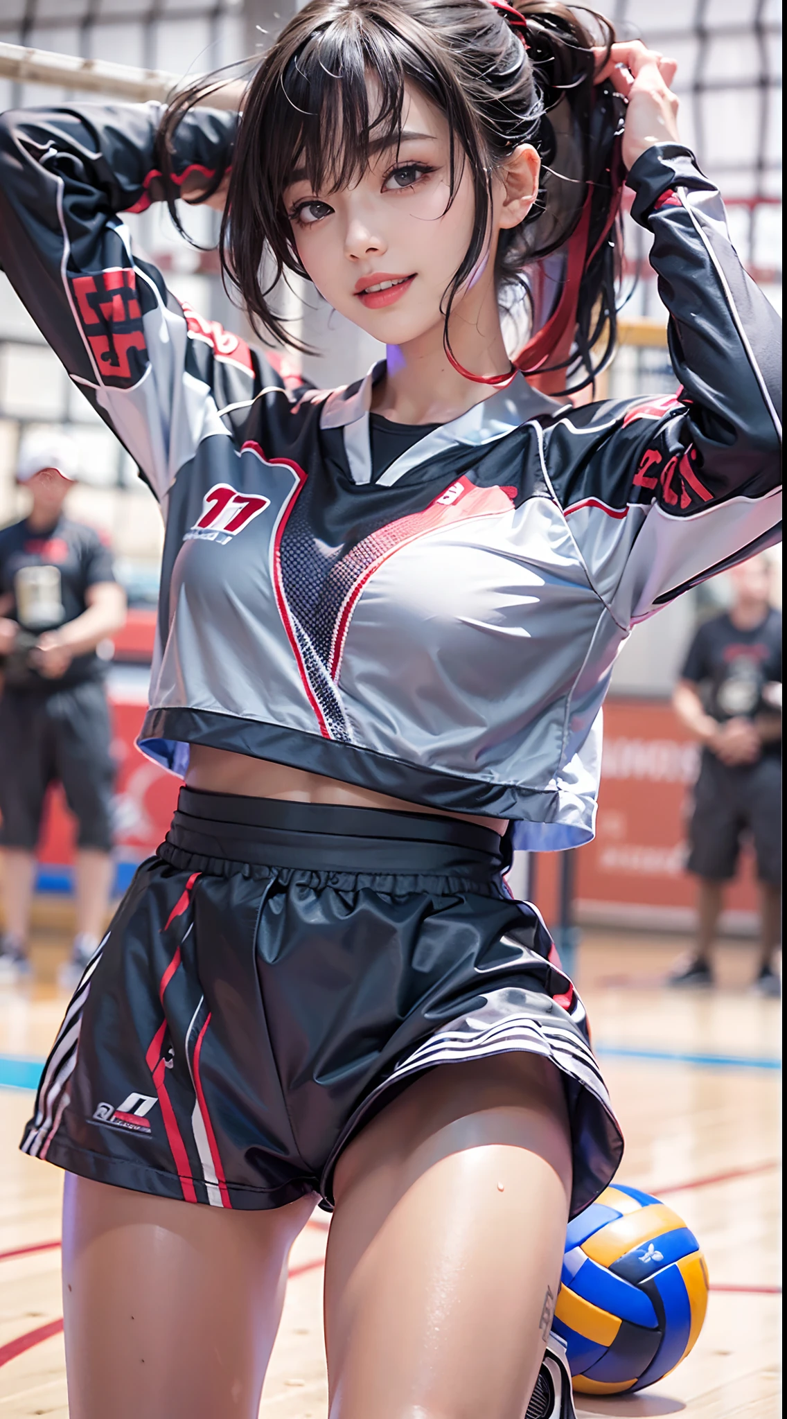 (The FW), 1womanl, Solo, 24 year old, 7headed body, (cute face), (Ideal ratio body proportions), long , Volleyball Court, Volleyball uniform, Volleyball Attack, Wearing sweat, The costume is sheer, Wet, Smiling smile, short-hair, Dark hair, small tits, A slender, Small buttocks, beauty legs, Skinny Legs, surrealism, Cinematic lighting, depth of fields, One-person viewpoint, F/1.8, 135 mm, nffsw, masutepiece, ccurate, ((Anatomically correct)), Textured skin, Super Detail, high details, High quality, awardwinning, Best Quality, hight resolution, 8K