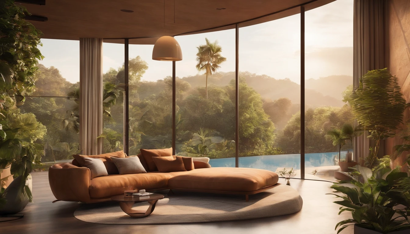 (bird's-eye view,modern simple villa,plentiful plants,big floor-to-ceiling windows,soft morning sunlight,warm color tones)