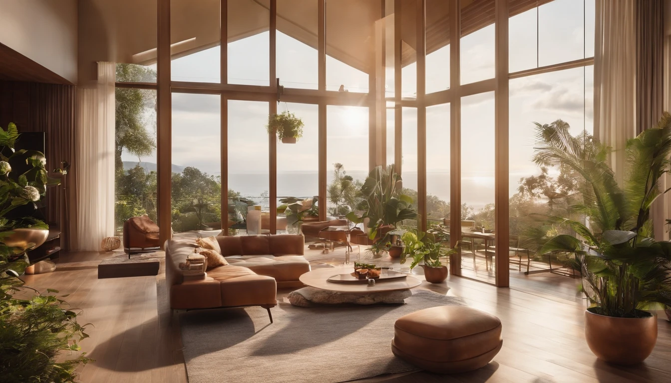 (bird's-eye view,modern simple villa,plentiful plants,big floor-to-ceiling windows,soft morning sunlight,warm color tones)