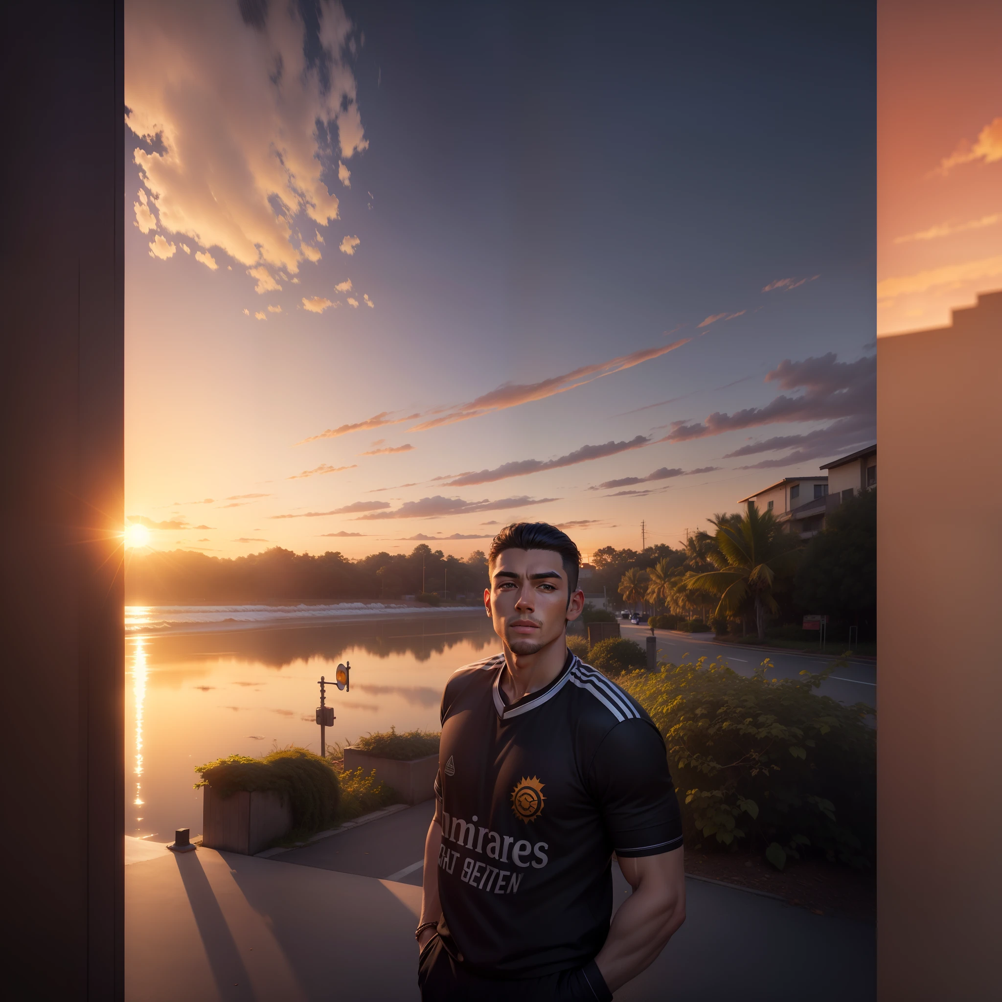 Change Baground and sun set seen, handsome boy, realistic face , 8k, ultra realistie,cool
