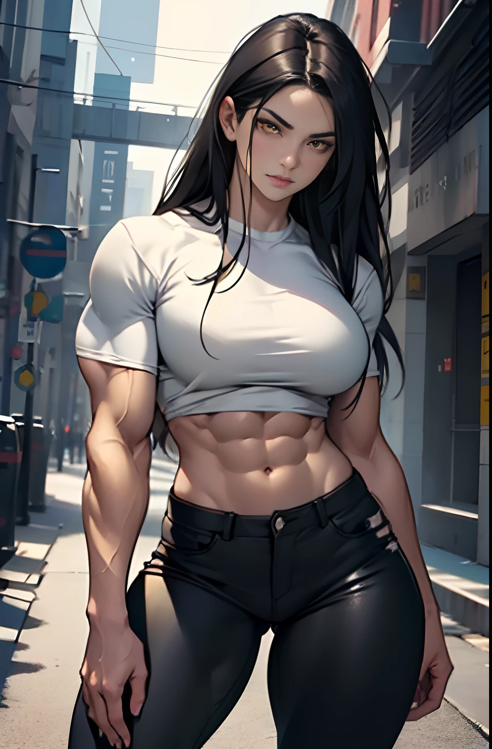 (((((muscular 1girl))))) ((((thick thighs toned body small breasts)))) (pale skin) black hair yellow eyes very long hair tight shirt tight pants sad sad sad