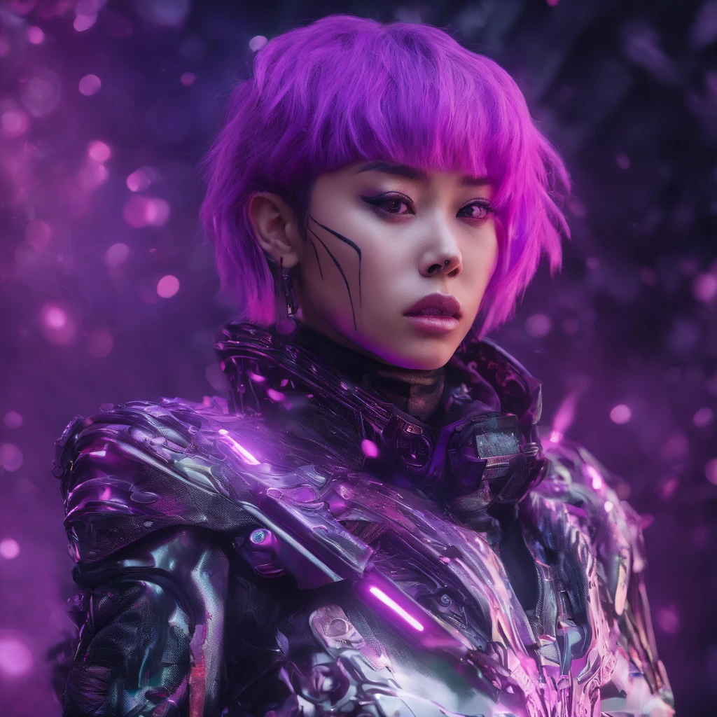 Chinese Woman 32K（tmasterpiece，k hd，hyper HD，32K）Short flowing bright purple hair，Snow in winter，zydink， a color， Ancient Ascension （Female devil）， （Blood-colored scarf）， Combat posture， looking at the ground， short detailed hair， Floating bright purple， Flame pattern gold， （Abstract snowflakes flying：1.2）， white backgrounid，Lotus protector（realisticlying：1.4），Bright purple hair，Smoke on the road，The background is pure， A high resolution， the detail， RAW photogr， Sharp Re， Nikon D850 Film Stock Photo by Jefferies Lee 4 Kodak Portra 400 Camera F1.6 shots, Rich colors, ultra-realistic vivid textures, Dramatic lighting, Unreal Engine Art Station Trend, cinestir 800，Short flowing bright purple hair
