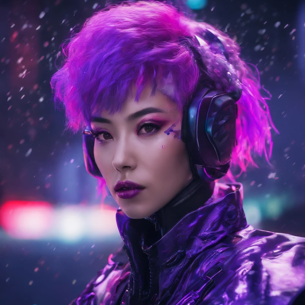 Chinese Woman 32K(tmasterpiece,k hd,hyper HD,32K)Short flowing bright purple hair,Snow in winter,zydink, a color, Ancient Ascension (Female devil), (Blood-colored scarf), Combat posture, looking at the ground, short detailed hair, Floating bright purple, Flame pattern gold, (Abstract snowflakes flying:1.2), white backgrounid,Lotus protector(realisticlying:1.4),Bright purple hair,Smoke on the road,The background is pure, A high resolution, the detail, RAW photogr, Sharp Re, Nikon D850 Film Stock Photo by Jefferies Lee 4 Kodak Portra 400 Camera F1.6 shots, Rich colors, ultra-realistic vivid textures, Dramatic lighting, Unreal Engine Art Station Trend, cinestir 800,Short flowing bright purple hair