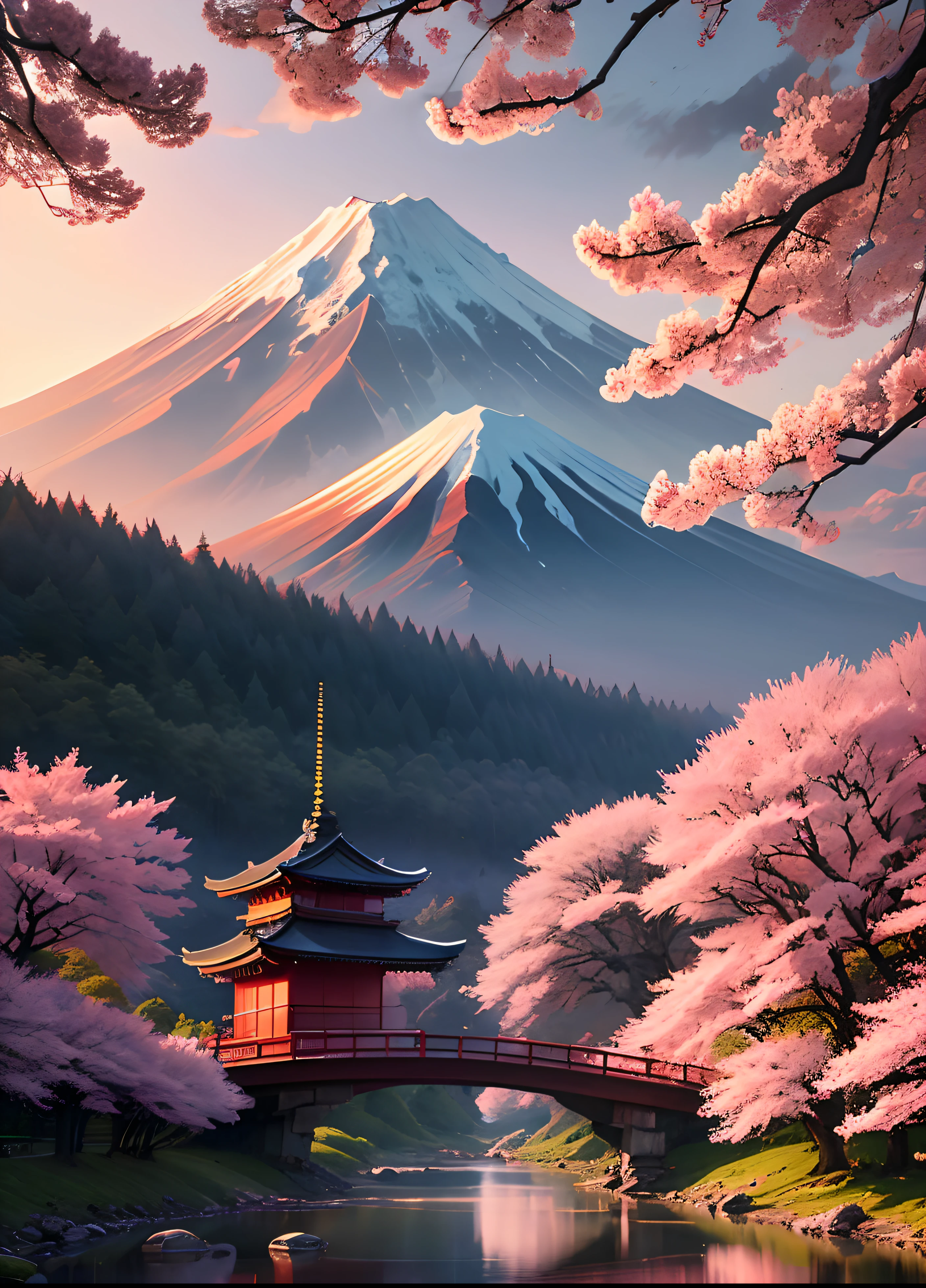 japan fuji mountain, sakura season, river flow, temple, sunset sky