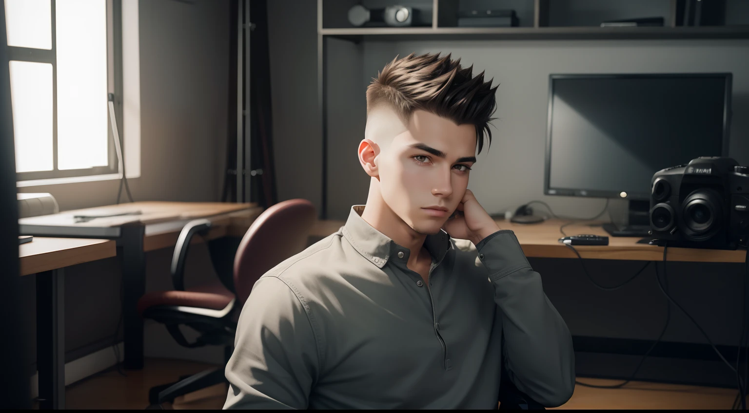 young man name urban legend with short spiky hair in Studio co seeing camera front sit on chair alone show full body