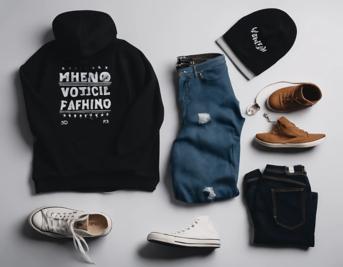 Streetwear fashion mockup featuring a stylish, urban outfit, consisting of a graphic t-shirt, oversized hoodie, distressed jeans, and chunky sneakers, with a trendy accessory like a beanie or bucket hat, set against white background, top view, Cinematic