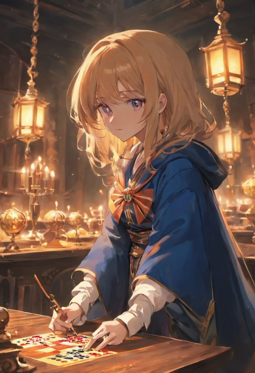 （tmasterpiece，best qualtiy），A man in a cloak at the table，There are dice and candlesticks on the table，Dim Room，anime