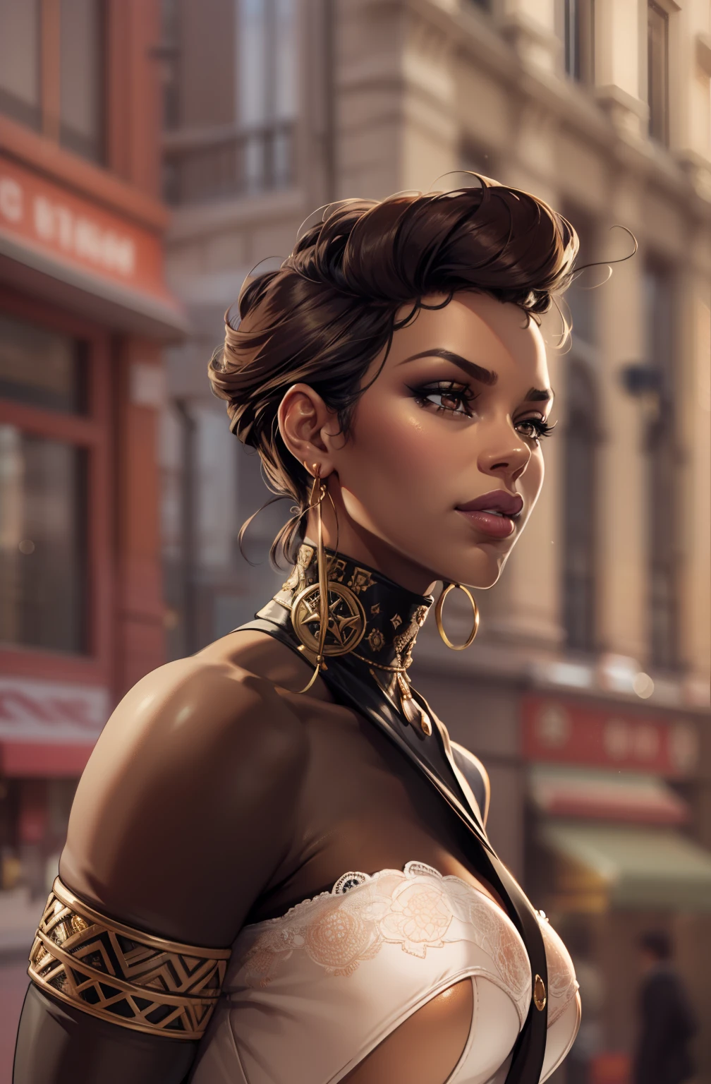 (a mature woman:1.2)| (a girl:1.1), brown skin, makeup, super detailed, modern style, city, direct look, contoured.