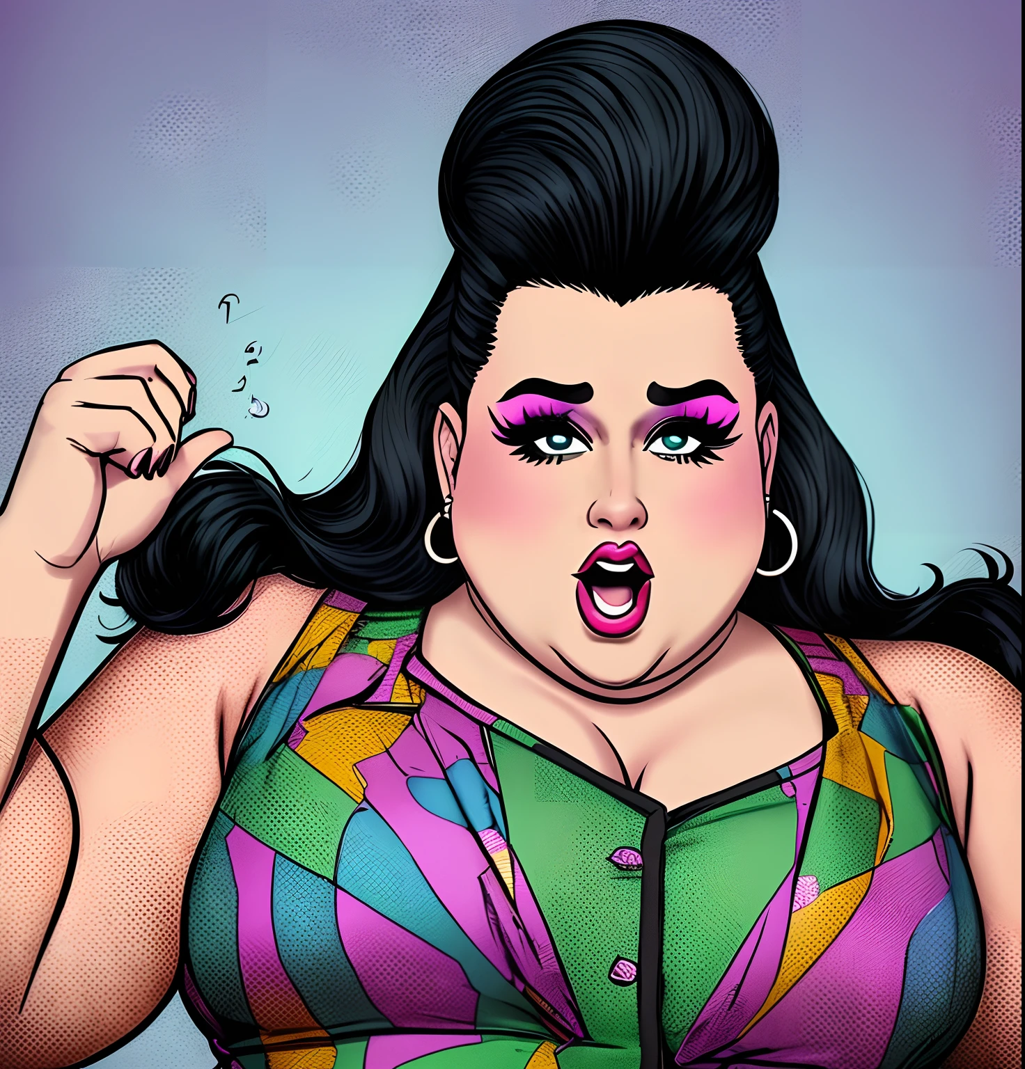 A popart drag queen with heavy makeup, she looks mature and is overweight, her face looks a bit manly but she gives funny vibes, she has a short pompadours as hai