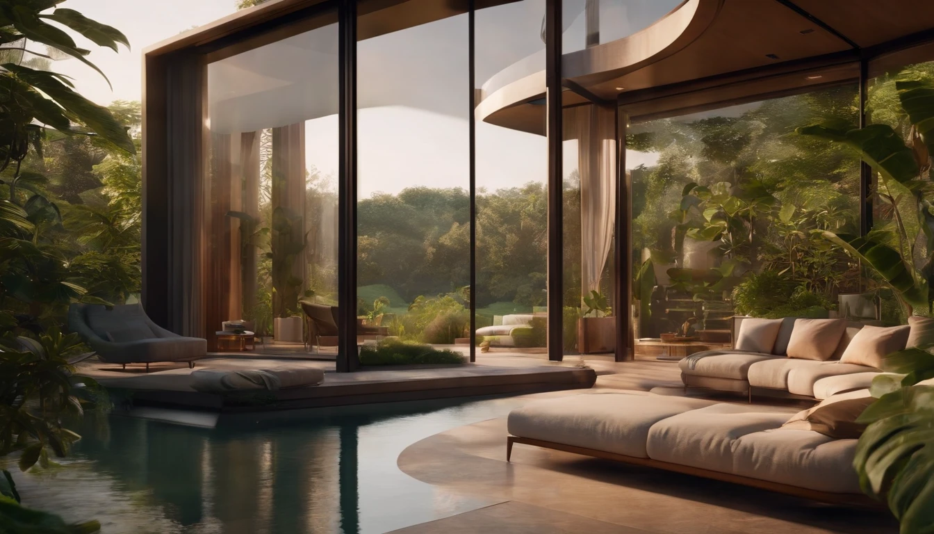 (best quality,4k,8k,highres,masterpiece:1.2),ultra-detailed,realistic,modern villa,surrounded by lush green plants,giant floor-to-ceiling glass windows,soft morning sunlight,warm color tones,bird's-eye view