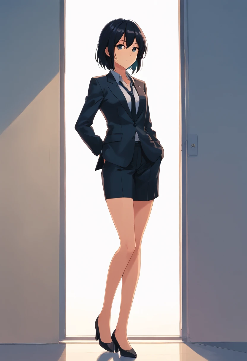 8K delicate perfect true 2D black hair long eyes black young mature woman wearing suit black, legs dressed in black silk, delicate face, Figure mature（Photo du corps entier）Leaning against a white wall, looking ahead, son visage est froid