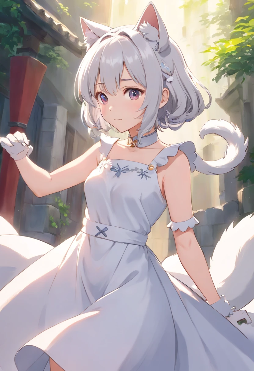 There are cat ears on the head, white dresses, silber hair, cute anime waifu in a nice dress,, White-haired god, gray-haired girl, Perfect girl with white hair, whaite hair, Flowing white hair,Full limbs