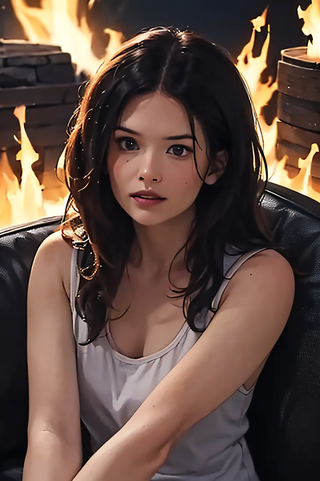 "A girl sits by a campfire, but instead of regular flames, the fire glows in a spectrum of colors. How did this mesmerizing phenomenon occur?"