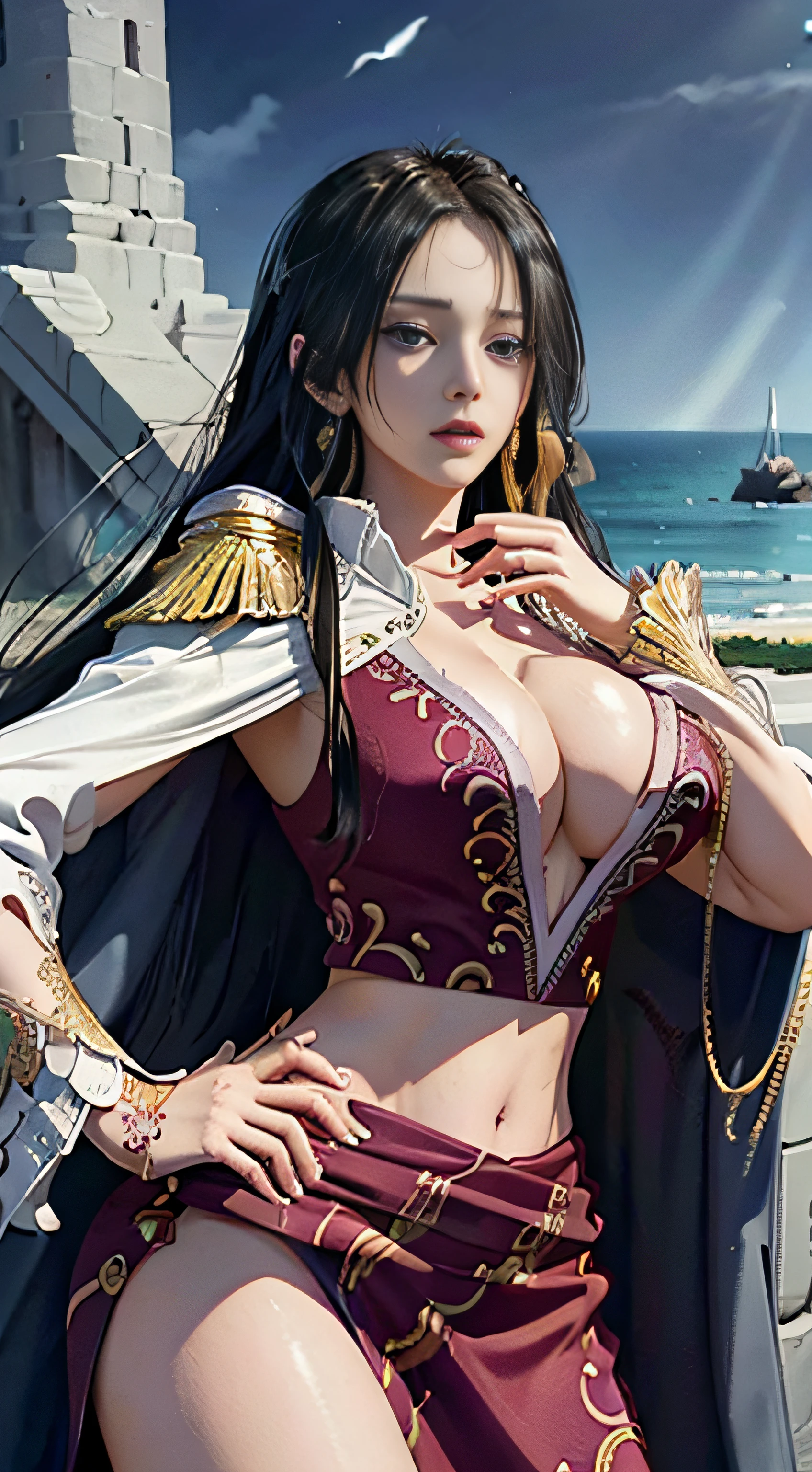nvdiboya、sculls_snake、Cape、croptop、epaulette、hason、Inter-strands、Light smile、A sexy、top-quality (detailedskin)、(masterpiece:1.4)、(top-quality:1.4)、超A high resolution、1girl in、ighly detailed、8K、Beautiful fece、A detailed eye、Look at viewers、strong dark colors、(depth of fields)、(Dynamic)、(epicd)、foco nítido、(intricate-detail:1.2)、fulcolor、((a closeup、))、Cinematic Graphics Blue Sea blue open sky Sexy thighs